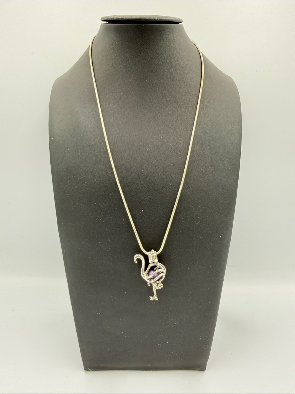 Silver Tone Flamingo Pendant Necklace Purple Bead Cage Snake Chain Bird Jewelry